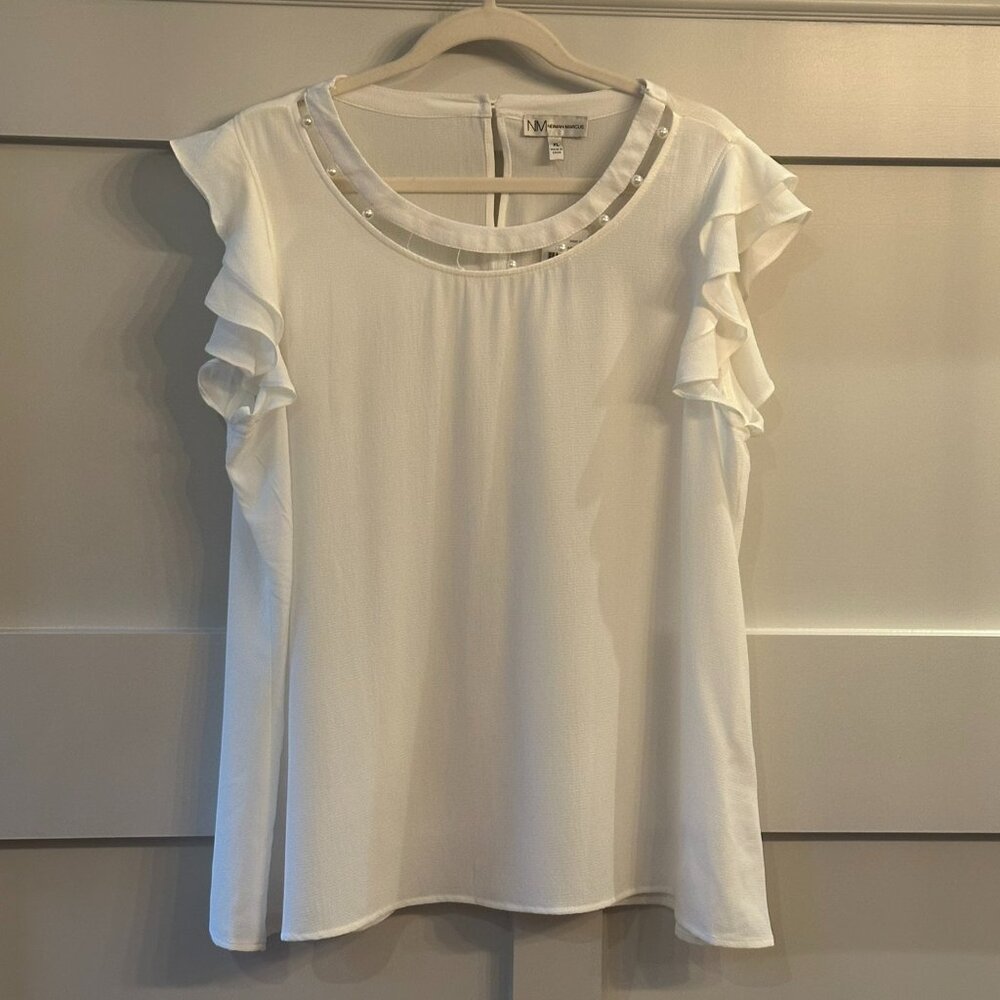 ✨🛍️ NWT - Neiman Marcus Pearl Embellished Ruffle Sleeve Blouse - XL 🛍️✨